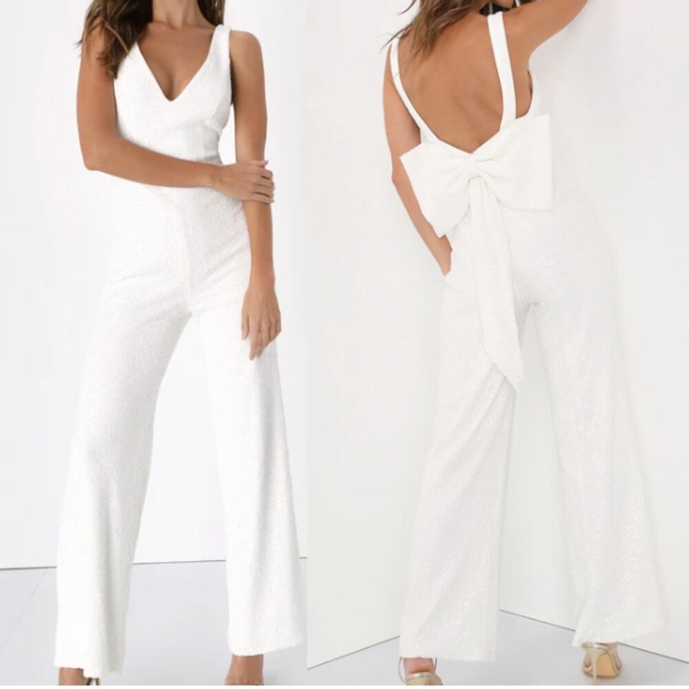 White Sequined V-Neck Bow-Back Jumpsuit